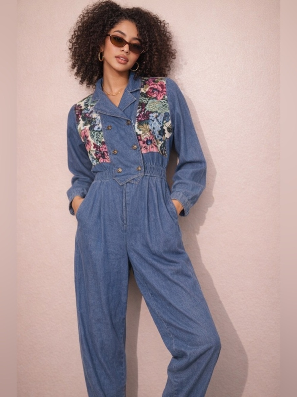 Vintage Melissa Y2K Collection Denim Jumpsuit floral embroidery elastic dbl br